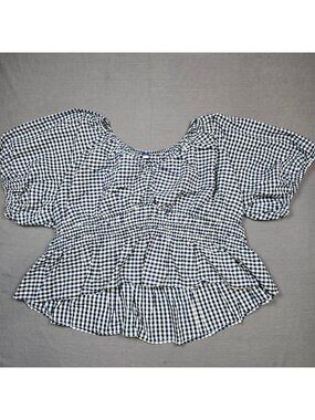 Old Navy 4X Blue & White Gingham Smocked Peplum Blouse 100% Cotton Cottage Core